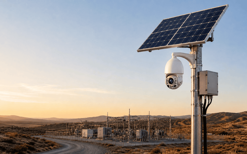 Solar off-grid PTZ camera node for remote infrastructure surveillance site