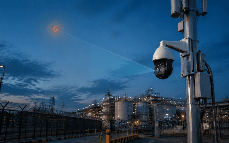 Counter-UAS PTZ surveillance system protecting critical infrastructure from drone threats