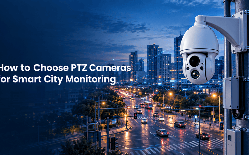 Smart city surveillance banner for PTZ camera procurement and urban monitoring.
