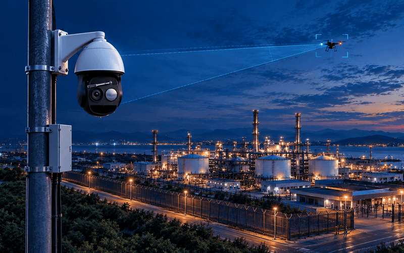 Counter-UAS surveillance camera monitoring a protected critical-infrastructure site