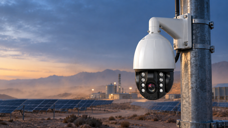 Heavy-duty Air Wiper PTZ camera installed at a remote solar farm facility during high-dust conditions