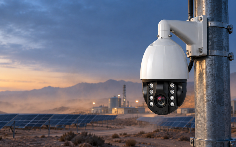 Heavy-duty Air Wiper PTZ camera installed at a remote solar farm facility during high-dust conditions