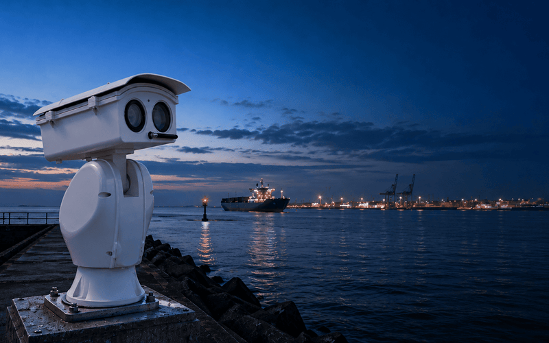 Marine PTZ camera mounted on port vessel for coastal and harbor surveillance