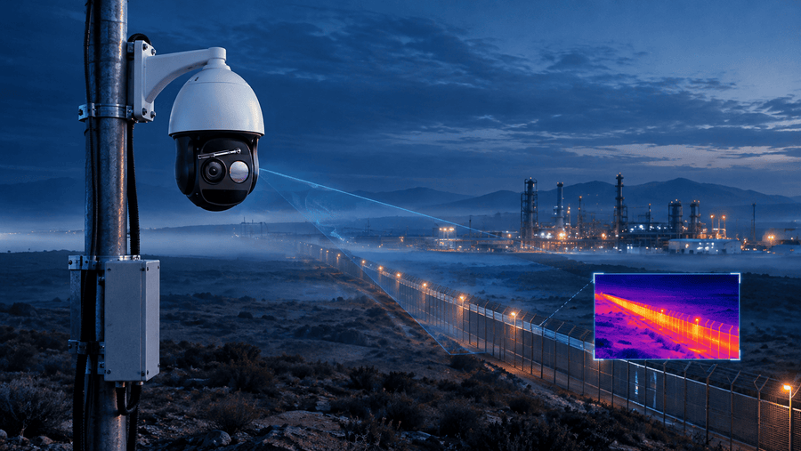 Thermal PTZ camera mounted on industrial perimeter pole showing detection range concept - Fengtaida IRW2D EO/IR dual-sensor system for long-range surveillance