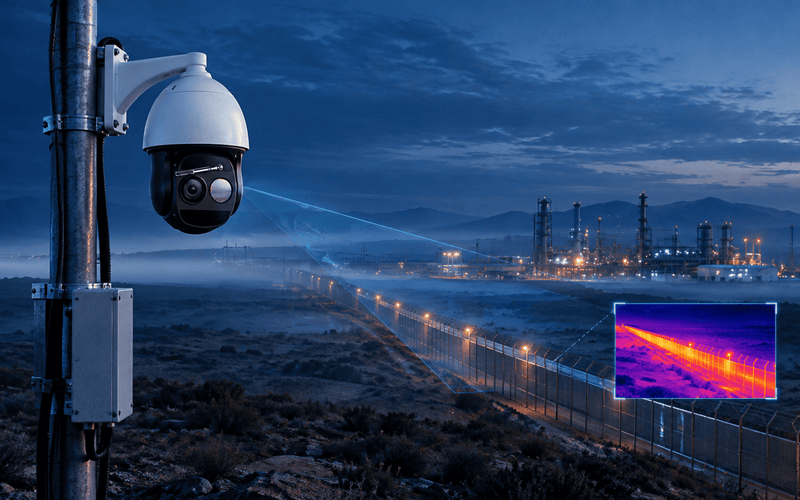 Thermal PTZ camera mounted on industrial perimeter pole showing detection range concept - Fengtaida IRW2D EO/IR dual-sensor system for long-range surveillance
