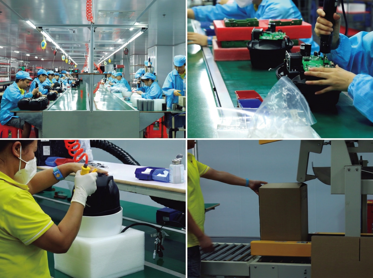 Fengtaida factory: PTZ camera assembly, PCB soldering, QC inspection, packaging